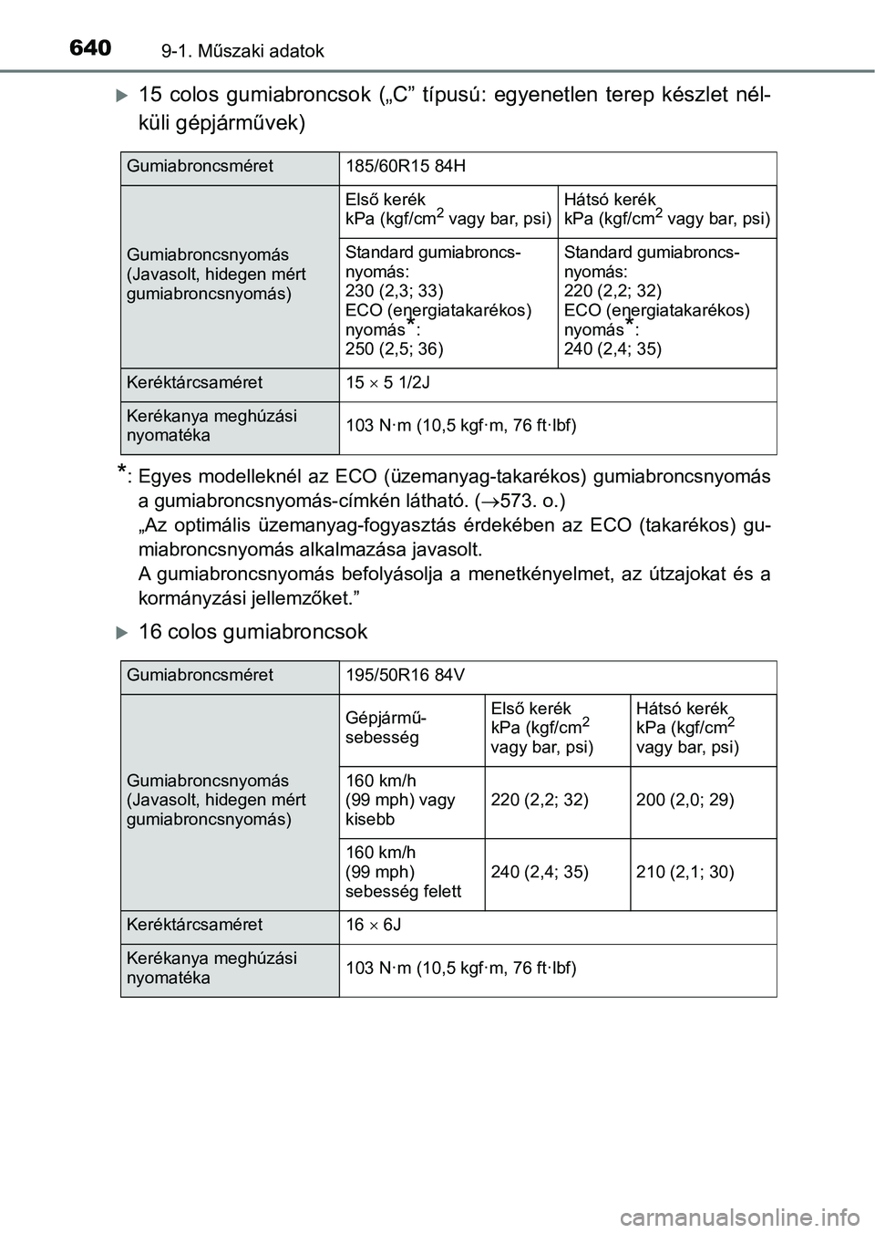 TOYOTA YARIS 2018 Kezelési útmutató (in Hungarian) 6409-1. Műszaki adatok
15 colos gumiabroncsok („C” típusú: egyenetlen terep készlet nél-
küli gépjárművek)
*: Egyes modelleknél az ECO (üzemanyag-takarékos) gumiabroncs TOYOTA YARIS 2018 Kezelési útmutató (in Hungarian) 6409-1. Műszaki adatok
15 colos gumiabroncsok („C” típusú: egyenetlen terep készlet nél-
küli gépjárművek)
*: Egyes modelleknél az ECO (üzemanyag-takarékos) gumiabroncs