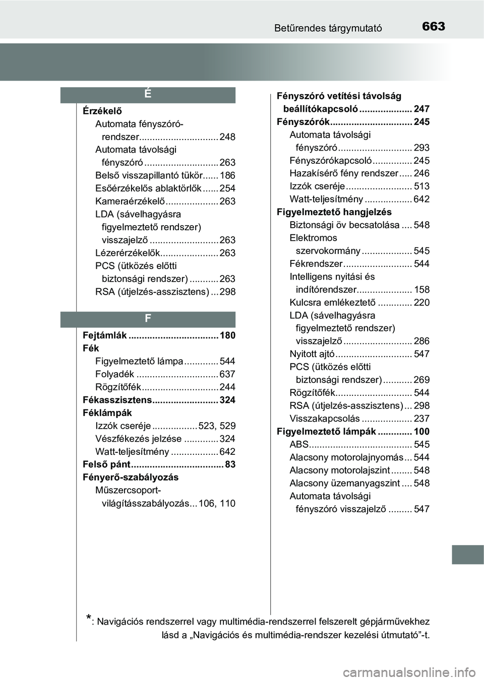 TOYOTA YARIS 2018 Kezelési útmutató (in Hungarian) 663Betűrendes tárgymutató
ÉrzékelőAutomata fényszóró-rendszer.............................. 248
Automata távolsági
fényszóró ........... ................. 263
Belső visszapillantó tü TOYOTA YARIS 2018 Kezelési útmutató (in Hungarian) 663Betűrendes tárgymutató
ÉrzékelőAutomata fényszóró-rendszer.............................. 248
Automata távolsági
fényszóró ........... ................. 263
Belső visszapillantó tü