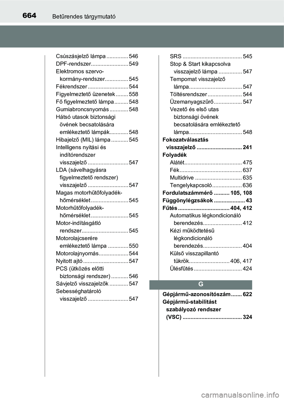 TOYOTA YARIS 2018 Kezelési útmutató (in Hungarian) 664Betűrendes tárgymutató
Csúszásjelző lámpa .............. 546
DPF-rendszer........................ 549
Elektromos szervo-kormány-rendszer............... 545
Fékrendszer .................... TOYOTA YARIS 2018 Kezelési útmutató (in Hungarian) 664Betűrendes tárgymutató
Csúszásjelző lámpa .............. 546
DPF-rendszer........................ 549
Elektromos szervo-kormány-rendszer............... 545
Fékrendszer ....................