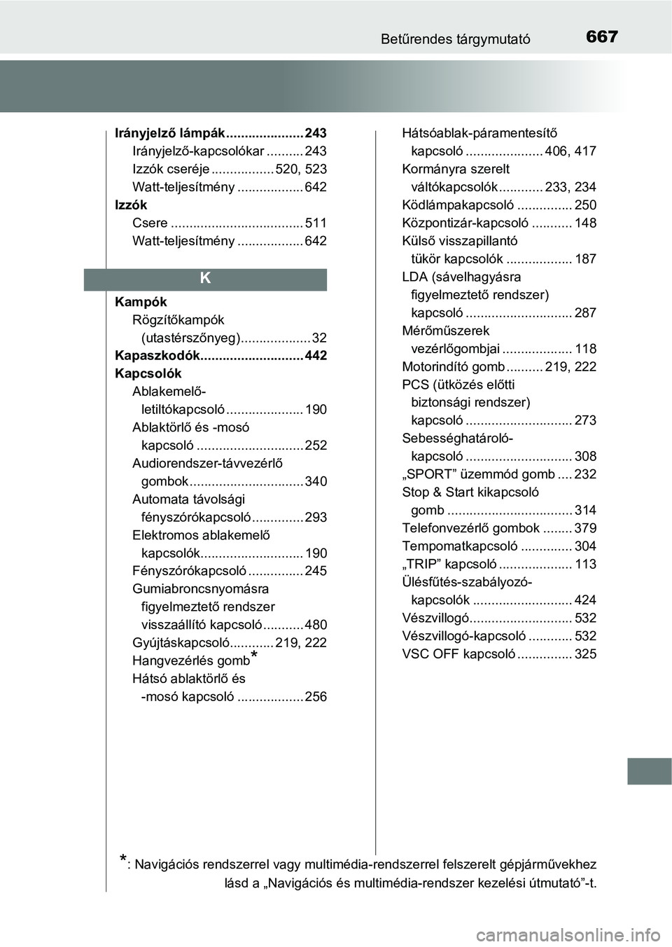 TOYOTA YARIS 2018 Kezelési útmutató (in Hungarian) 667Betűrendes tárgymutató
Irányjelző lámpák ..................... 243Irányjelző-kapcsolókar .......... 243
Izzók cseréje ................. 520, 523
Watt-teljesítmény .................. 6 TOYOTA YARIS 2018 Kezelési útmutató (in Hungarian) 667Betűrendes tárgymutató
Irányjelző lámpák ..................... 243Irányjelző-kapcsolókar .......... 243
Izzók cseréje ................. 520, 523
Watt-teljesítmény .................. 6