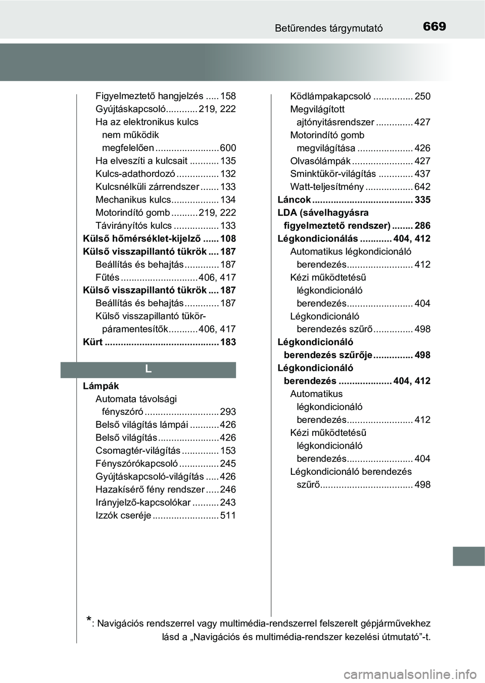 TOYOTA YARIS 2018 Kezelési útmutató (in Hungarian) 669Betűrendes tárgymutató
Figyelmeztető hangjelzés ..... 158
Gyújtáskapcsoló............ 219, 222
Ha az elektronikus kulcs nem működik
megfelelően ........................ 600
Ha elveszít TOYOTA YARIS 2018 Kezelési útmutató (in Hungarian) 669Betűrendes tárgymutató
Figyelmeztető hangjelzés ..... 158
Gyújtáskapcsoló............ 219, 222
Ha az elektronikus kulcs nem működik
megfelelően ........................ 600
Ha elveszít