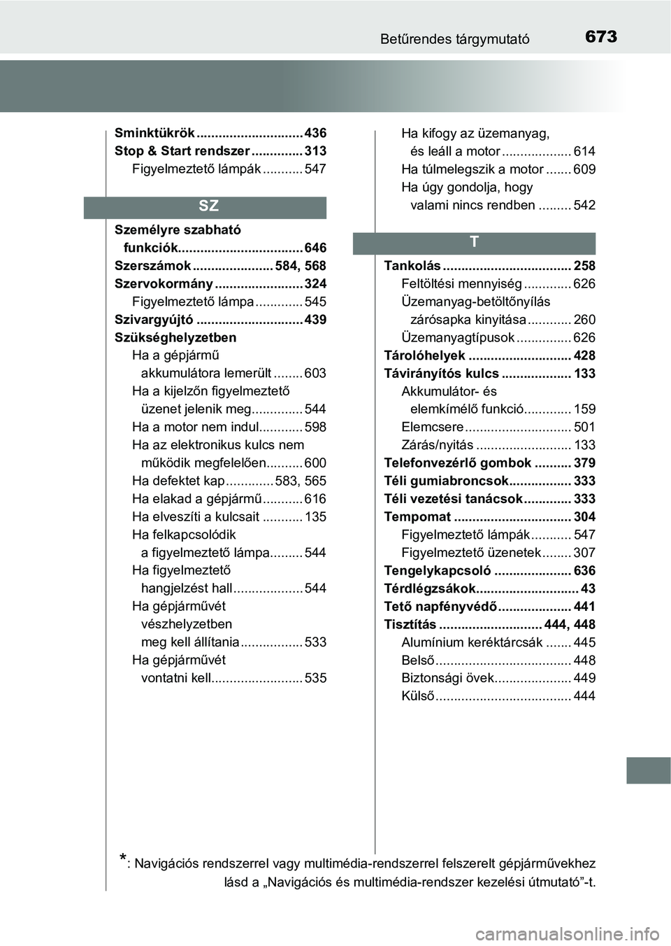 TOYOTA YARIS 2018 Kezelési útmutató (in Hungarian) 673Betűrendes tárgymutató
Sminktükrök ............................. 436
Stop & Start rendszer .............. 313Figyelmeztető lámpák ........... 547
Személyre szabható funkciók............ TOYOTA YARIS 2018 Kezelési útmutató (in Hungarian) 673Betűrendes tárgymutató
Sminktükrök ............................. 436
Stop & Start rendszer .............. 313Figyelmeztető lámpák ........... 547
Személyre szabható funkciók............