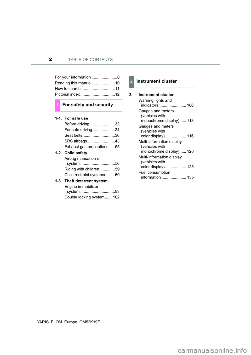 TOYOTA YARIS 2019 Owners Manual TABLE OF CONTENTS2
YARIS_F_OM_Europe_OM52K19E
For your information .......................8
Reading this manual.....................10
How to search ..............................11
Pictorial inde TOYOTA YARIS 2019 Owners Manual TABLE OF CONTENTS2
YARIS_F_OM_Europe_OM52K19E
For your information .......................8
Reading this manual.....................10
How to search ..............................11
Pictorial inde