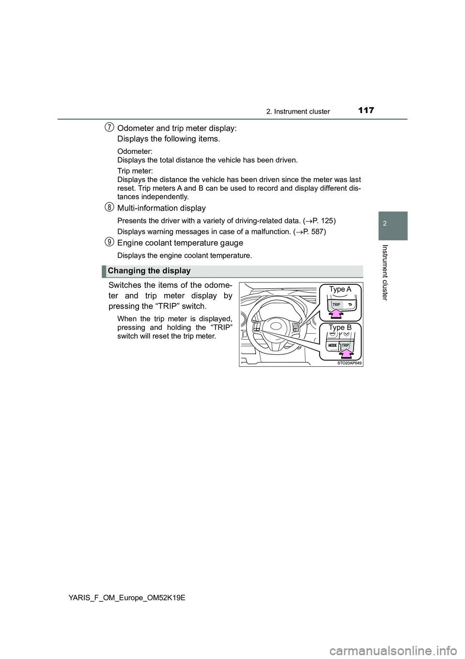 TOYOTA YARIS 2019  Owners Manual 1172. Instrument cluster
2
Instrument cluster
YARIS_F_OM_Europe_OM52K19E
Odometer and trip meter display: 
Displays the following items.
Odometer: 
Displays the total distance the vehicle has been dri