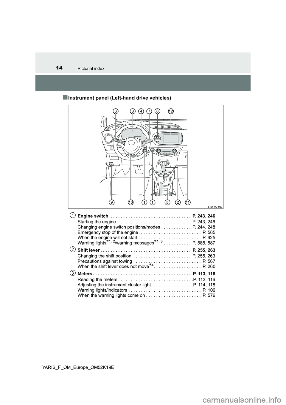 TOYOTA YARIS 2019 User Guide 14Pictorial index
YARIS_F_OM_Europe_OM52K19E
■Instrument panel (Left-hand drive vehicles)
Engine switch  . . . . . . . . . . . . . . . . . . . . . . . . . . . . . . . .  P. 243, 246 
Starting the en
