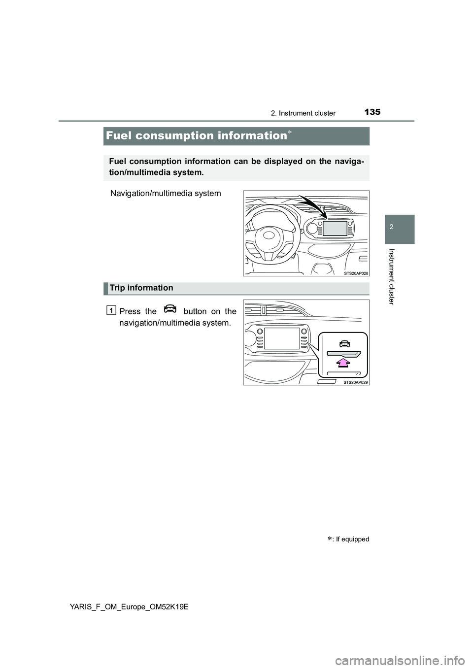 TOYOTA YARIS 2019 Owners Manual 135
2
2. Instrument cluster
Instrument cluster
YARIS_F_OM_Europe_OM52K19E
Fuel consumption information
Navigation/multimedia system
Press the button on the
navigation/multimedia system.
: If TOYOTA YARIS 2019 Owners Manual 135
2
2. Instrument cluster
Instrument cluster
YARIS_F_OM_Europe_OM52K19E
Fuel consumption information
Navigation/multimedia system
Press the button on the
navigation/multimedia system.
: If