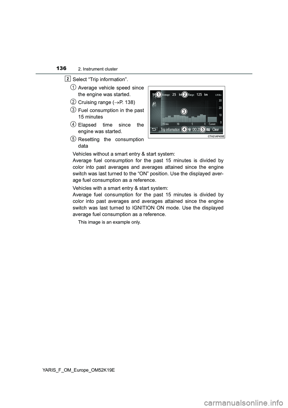 TOYOTA YARIS 2019  Owners Manual 1362. Instrument cluster
YARIS_F_OM_Europe_OM52K19E
Select “Trip information”. 
Average vehicle speed since 
the engine was started. 
Cruising range ( P. 138) 
Fuel consumption in the past 
15 