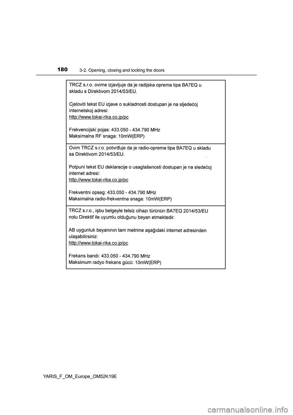 TOYOTA YARIS 2019 Owners Manual 1803-2. Opening, closing and locking the doors
YARIS_F_OM_Europe_OM52K19E TOYOTA YARIS 2019 Owners Manual 1803-2. Opening, closing and locking the doors
YARIS_F_OM_Europe_OM52K19E
