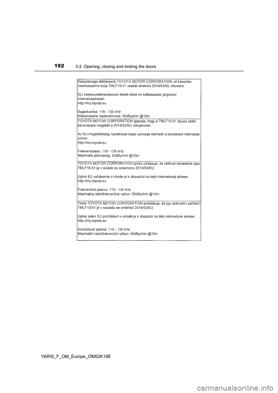 TOYOTA YARIS 2019  Owners Manual 1923-2. Opening, closing and locking the doors
YARIS_F_OM_Europe_OM52K19E 