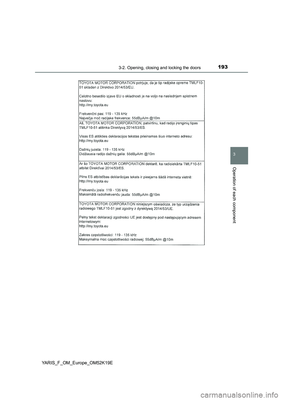 TOYOTA YARIS 2019  Owners Manual 1933-2. Opening, closing and locking the doors
3
Operation of each component
YARIS_F_OM_Europe_OM52K19E 