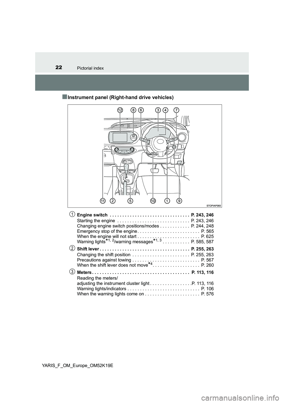 TOYOTA YARIS 2019 Owners Manual 22Pictorial index
YARIS_F_OM_Europe_OM52K19E
■Instrument panel (Right-hand drive vehicles)
Engine switch  . . . . . . . . . . . . . . . . . . . . . . . . . . . . . . . .  P. 243, 246 
Starting the e