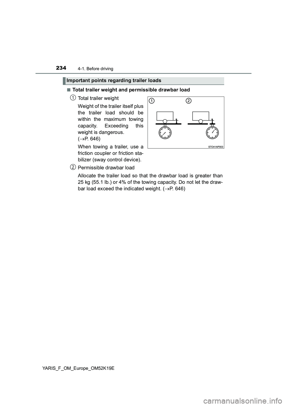 TOYOTA YARIS 2019  Owners Manual 2344-1. Before driving
YARIS_F_OM_Europe_OM52K19E 
■Total trailer weight and permissible drawbar load 
Total trailer weight 
Weight of the trailer itself plus 
the trailer load should be 
within the