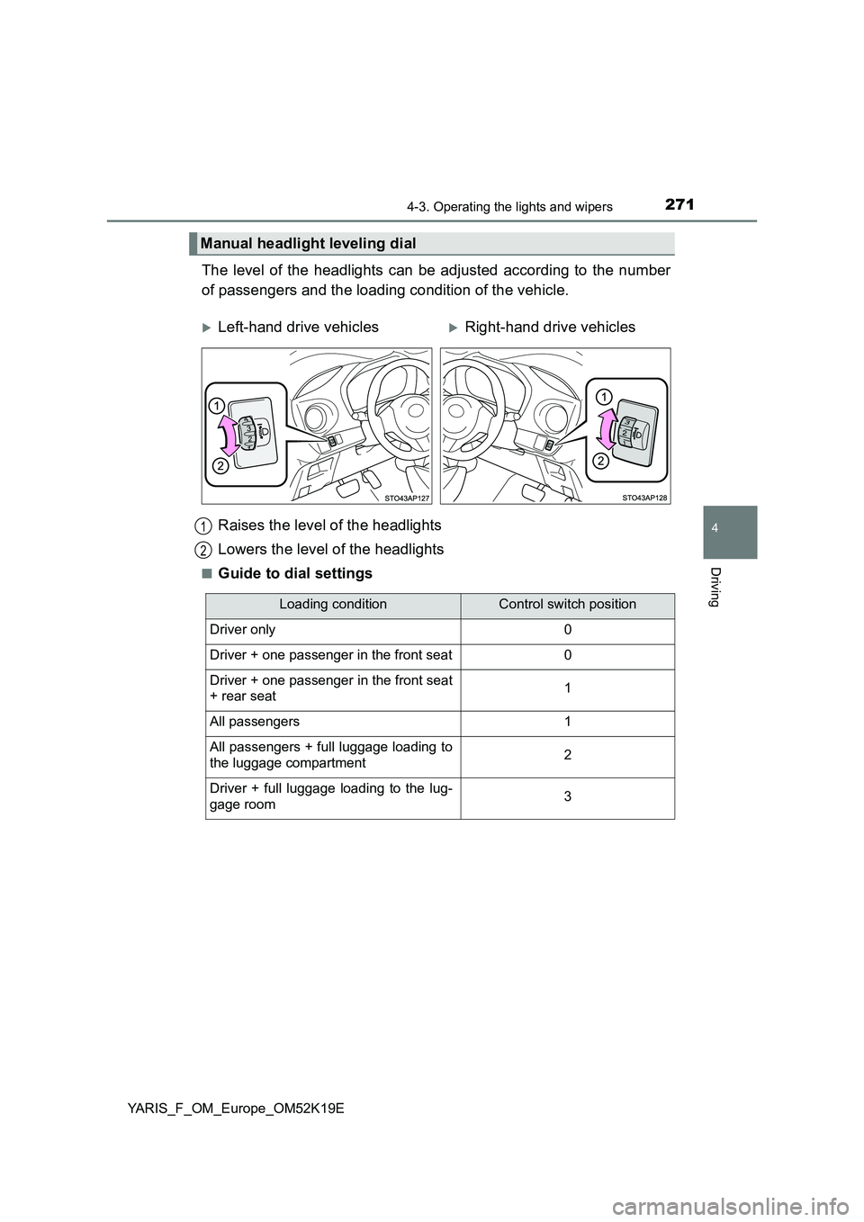 TOYOTA YARIS 2019 Owners Manual 2714-3. Operating the lights and wipers
4
Driving
YARIS_F_OM_Europe_OM52K19E
The level of the headlights can be adjusted according to the number
of passengers and the loading condition of the vehicle TOYOTA YARIS 2019 Owners Manual 2714-3. Operating the lights and wipers
4
Driving
YARIS_F_OM_Europe_OM52K19E
The level of the headlights can be adjusted according to the number
of passengers and the loading condition of the vehicle