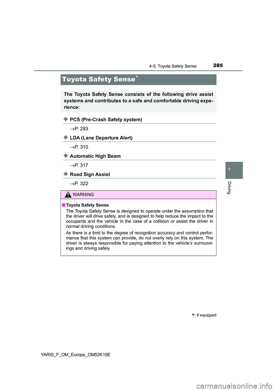 TOYOTA YARIS 2019 Owners Manual 285
4
4-5. Toyota Safety Sense
Driving
YARIS_F_OM_Europe_OM52K19E
Toyota Safety Sense
◆PCS (Pre-Crash Safety system)
P. 2 9 3
◆LDA (Lane Departure Alert)
P. 3 1 0
◆Automatic High TOYOTA YARIS 2019 Owners Manual 285
4
4-5. Toyota Safety Sense
Driving
YARIS_F_OM_Europe_OM52K19E
Toyota Safety Sense
◆PCS (Pre-Crash Safety system)
P. 2 9 3
◆LDA (Lane Departure Alert)
P. 3 1 0
◆Automatic High