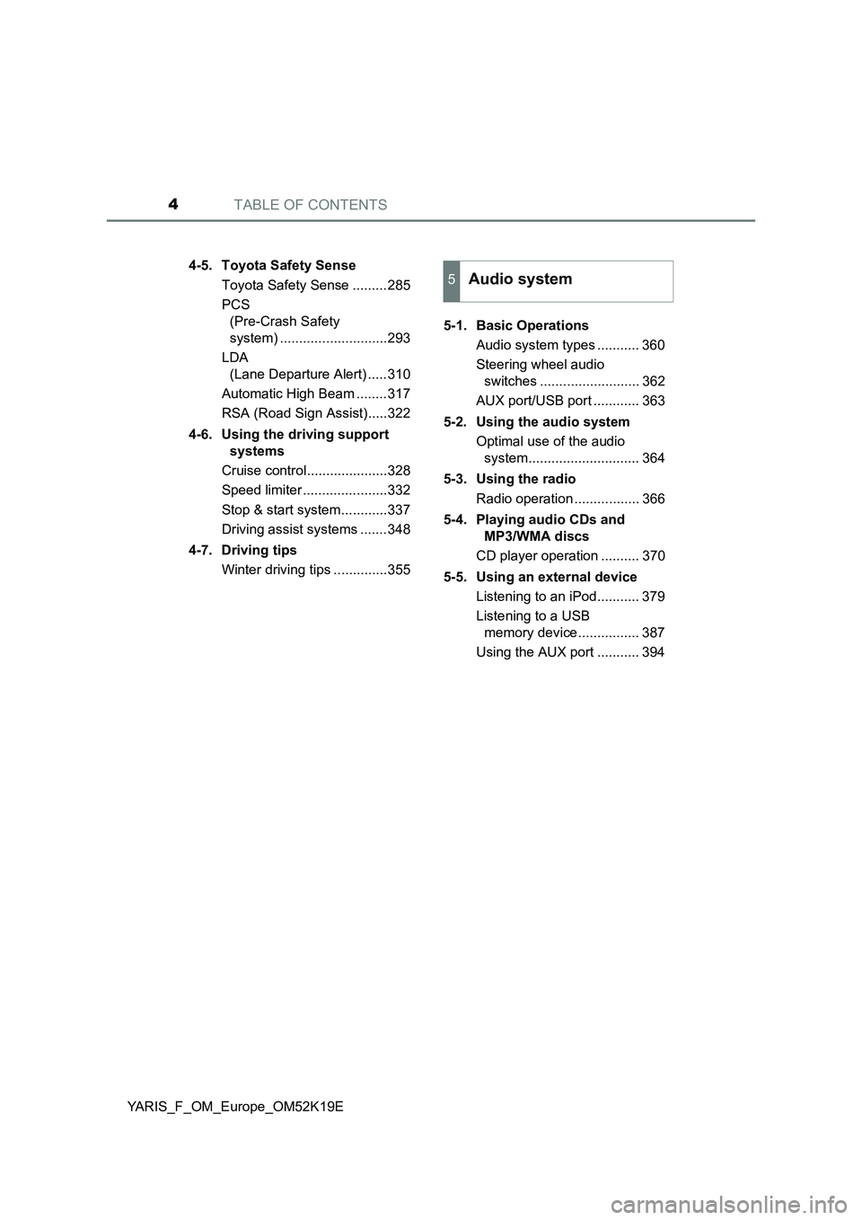 TOYOTA YARIS 2019  Owners Manual TABLE OF CONTENTS4
YARIS_F_OM_Europe_OM52K19E 
4-5. Toyota Safety Sense 
Toyota Safety Sense .........285 
PCS  
(Pre-Crash Safety 
system) ............................293 
LDA  
(Lane Departure Alert