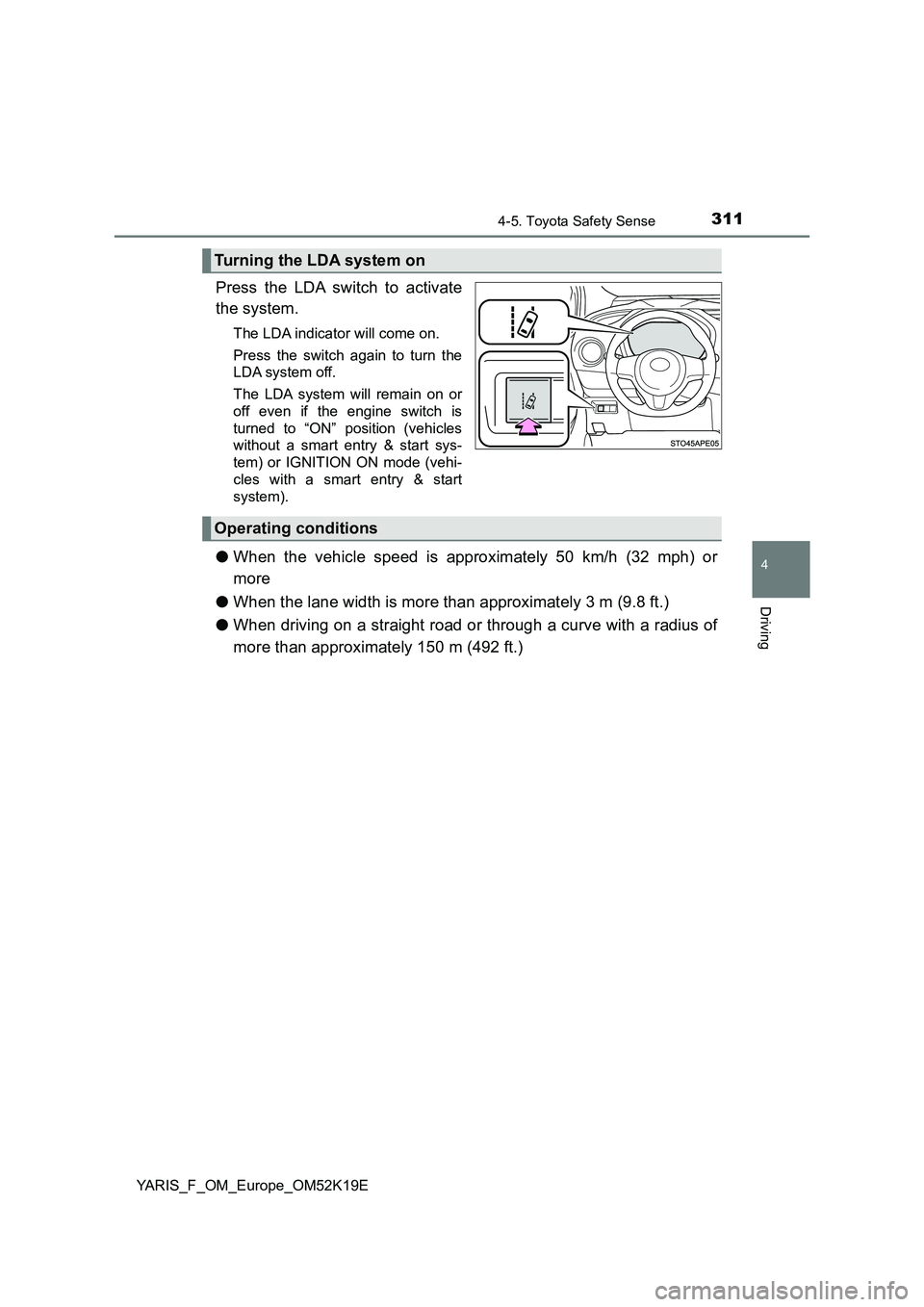 TOYOTA YARIS 2019  Owners Manual 3114-5. Toyota Safety Sense
4
Driving
YARIS_F_OM_Europe_OM52K19E
Press the LDA switch to activate 
the system.
The LDA indicator will come on. 
Press the switch again to turn the 
LDA system off. 
The