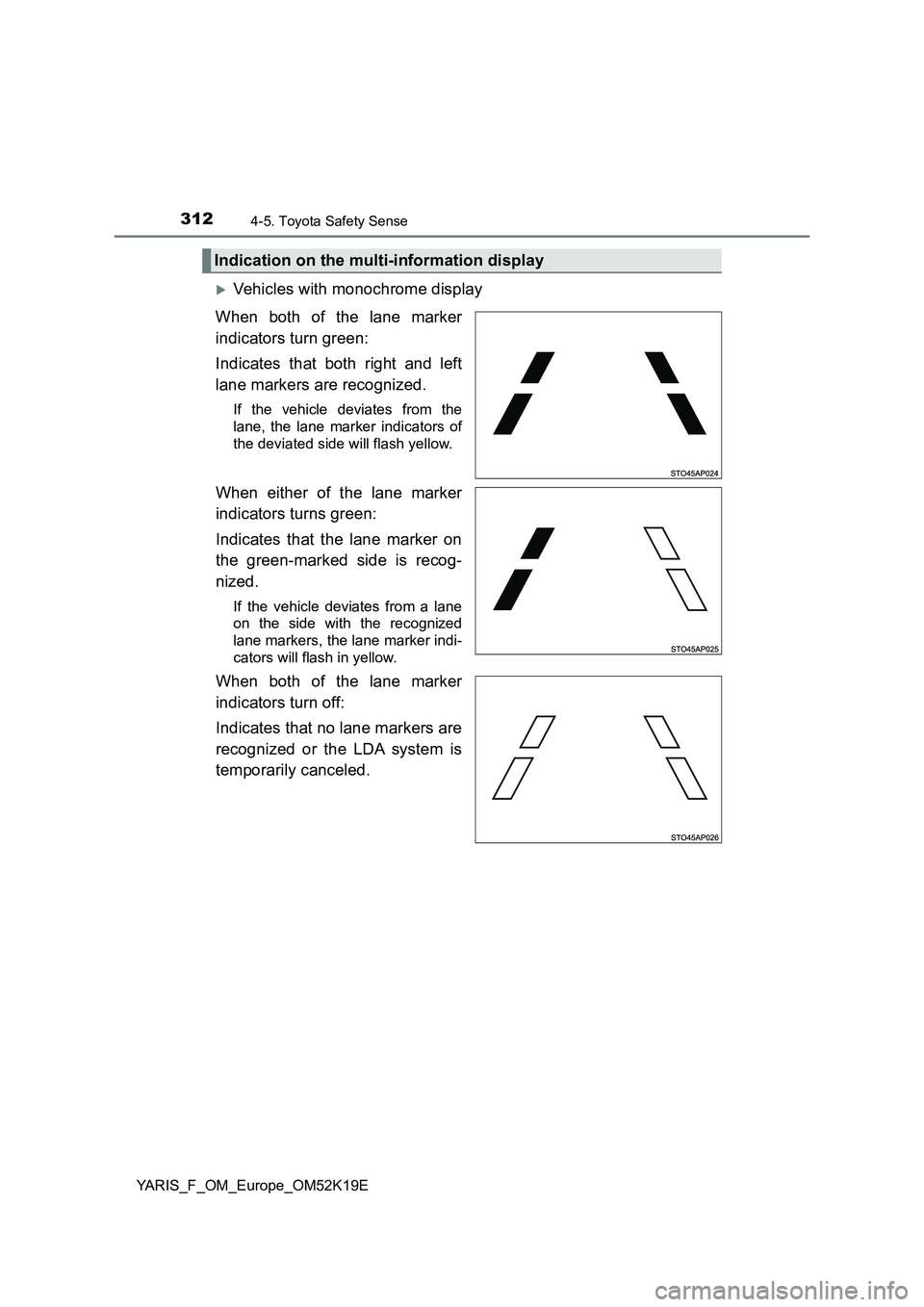 TOYOTA YARIS 2019  Owners Manual 3124-5. Toyota Safety Sense
YARIS_F_OM_Europe_OM52K19E
Vehicles with monochrome display 
When both of the lane marker 
indicators turn green:  
Indicates that both right and left 
lane markers are 