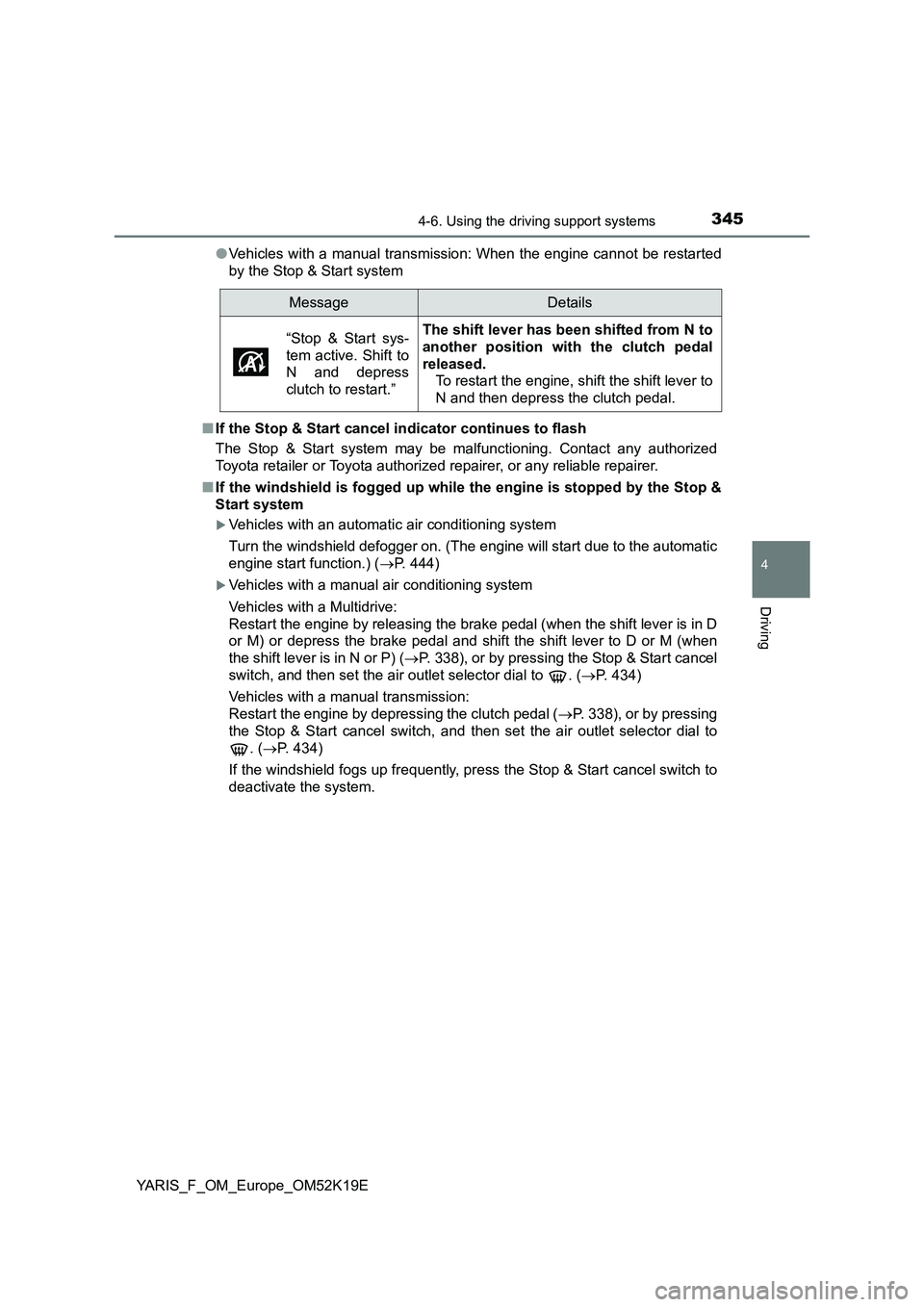 TOYOTA YARIS 2019 Owners Manual 3454-6. Using the driving support systems
4
Driving
YARIS_F_OM_Europe_OM52K19E
● Vehicles with a manual transmission: When the engine cannot be restarted
by the Stop & Start system
■ If the Sto TOYOTA YARIS 2019 Owners Manual 3454-6. Using the driving support systems
4
Driving
YARIS_F_OM_Europe_OM52K19E
● Vehicles with a manual transmission: When the engine cannot be restarted
by the Stop & Start system
■ If the Sto