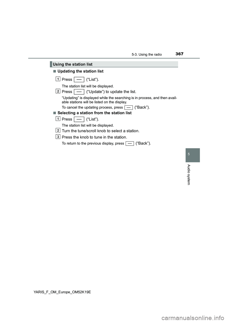 TOYOTA YARIS 2019 Owners Manual 3675-3. Using the radio
5
Audio system
YARIS_F_OM_Europe_OM52K19E
■Updating the station list
Press (“List”).
The station list will be displayed.
Press (“Update”) to update the list.
“ TOYOTA YARIS 2019 Owners Manual 3675-3. Using the radio
5
Audio system
YARIS_F_OM_Europe_OM52K19E
■Updating the station list
Press (“List”).
The station list will be displayed.
Press (“Update”) to update the list.
“