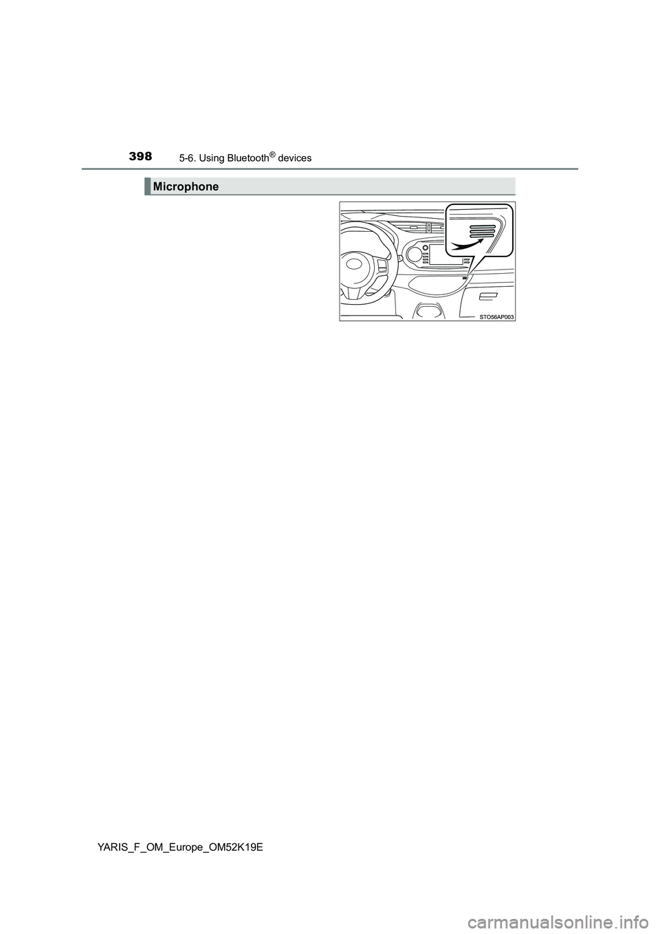 TOYOTA YARIS 2019  Owners Manual 3985-6. Using Bluetooth® devices
YARIS_F_OM_Europe_OM52K19E
Microphone 