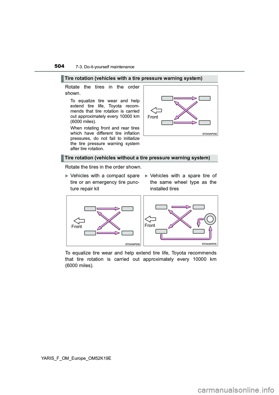 TOYOTA YARIS 2019  Owners Manual 5047-3. Do-it-yourself maintenance
YARIS_F_OM_Europe_OM52K19E
Rotate the tires in the order 
shown.
To equalize tire wear and help 
extend tire life, Toyota recom- 
mends that tire rotation is carried