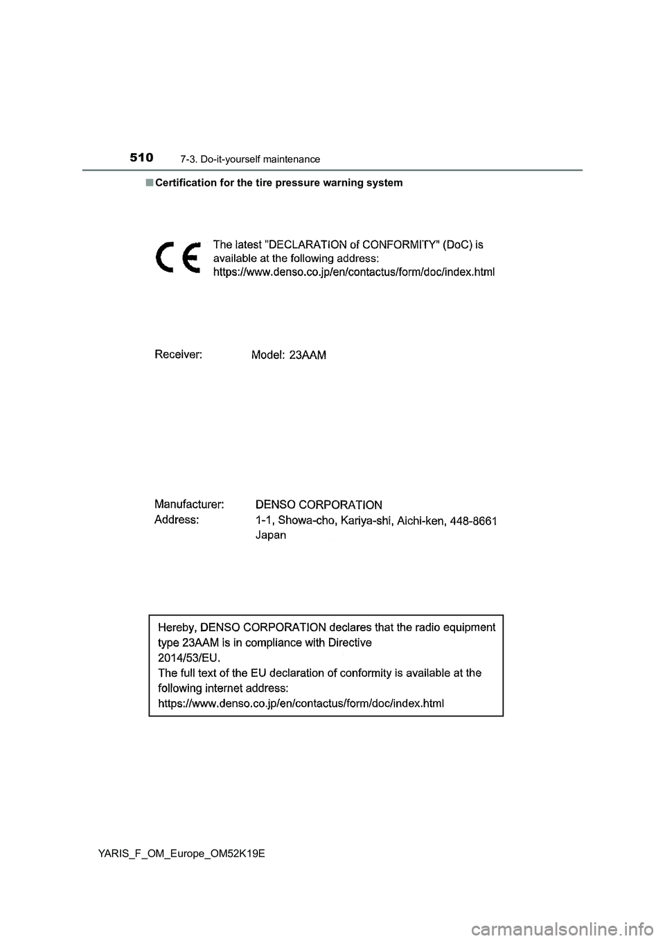 TOYOTA YARIS 2019  Owners Manual 5107-3. Do-it-yourself maintenance
YARIS_F_OM_Europe_OM52K19E 
■ Certification for the tire pressure warning system 