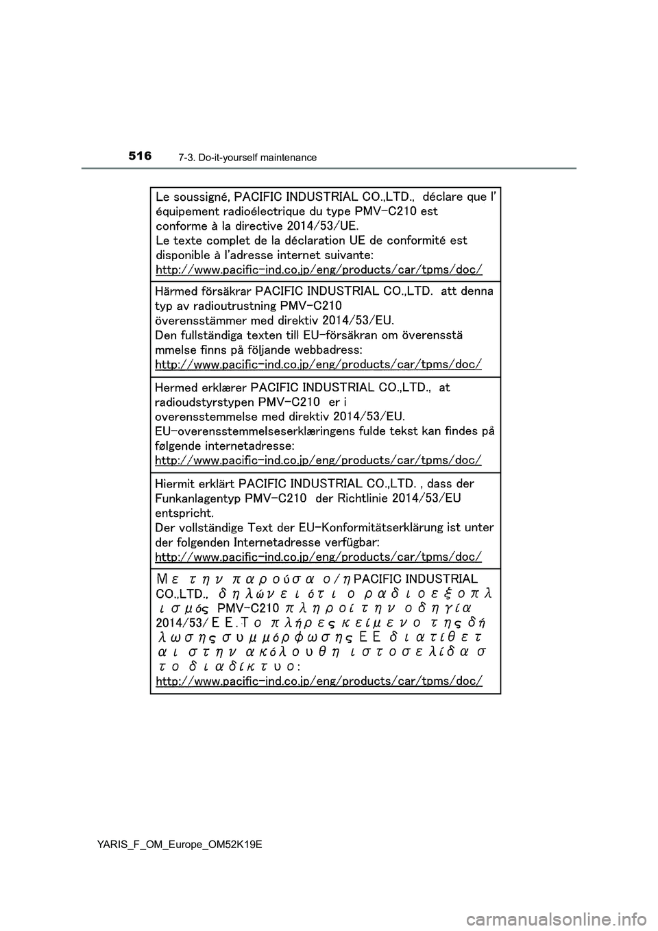 TOYOTA YARIS 2019 Owners Manual 5167-3. Do-it-yourself maintenance
YARIS_F_OM_Europe_OM52K19E TOYOTA YARIS 2019 Owners Manual 5167-3. Do-it-yourself maintenance
YARIS_F_OM_Europe_OM52K19E