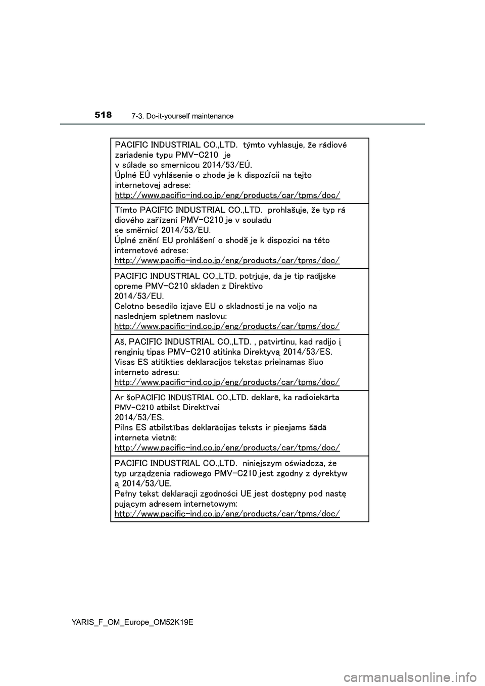 TOYOTA YARIS 2019 Owners Manual 5187-3. Do-it-yourself maintenance
YARIS_F_OM_Europe_OM52K19E TOYOTA YARIS 2019 Owners Manual 5187-3. Do-it-yourself maintenance
YARIS_F_OM_Europe_OM52K19E