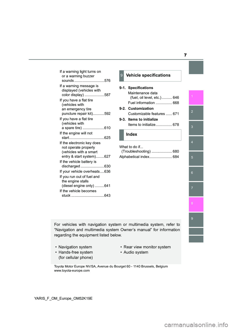 TOYOTA YARIS 2019  Owners Manual 7
1 
7 
8 
6 
5
4
3
2
9
YARIS_F_OM_Europe_OM52K19E 
If a warning light turns on  
or a warning buzzer 
sounds .............................576 
If a warning message is  
displayed (vehicles with  
col