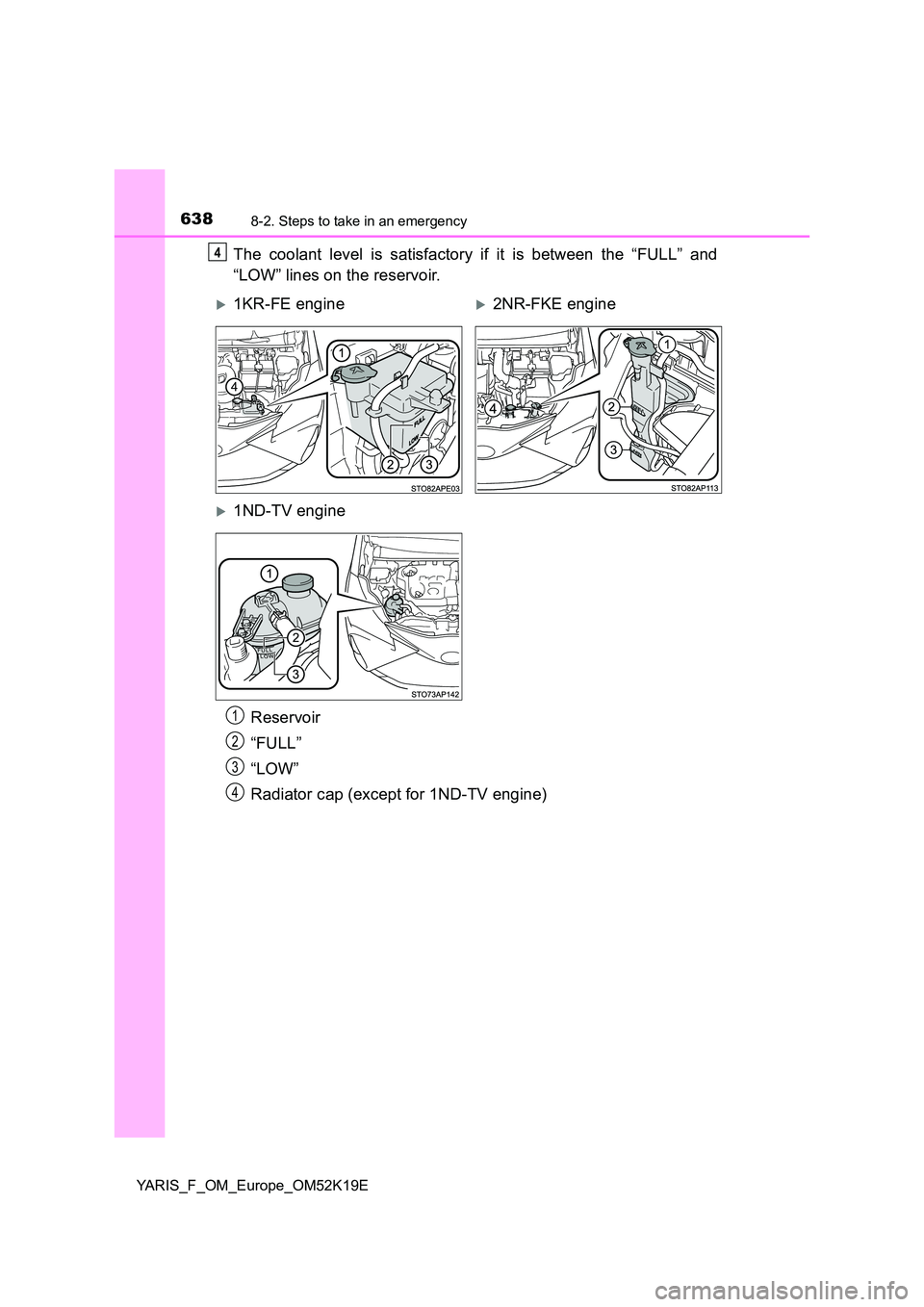 TOYOTA YARIS 2019 Owners Manual 6388-2. Steps to take in an emergency
YARIS_F_OM_Europe_OM52K19E
The coolant level is satisfactory if it is between the “FULL” and
“LOW” lines on the reservoir.
4
1KR-FE engine2NR-FKE e TOYOTA YARIS 2019 Owners Manual 6388-2. Steps to take in an emergency
YARIS_F_OM_Europe_OM52K19E
The coolant level is satisfactory if it is between the “FULL” and
“LOW” lines on the reservoir.
4
1KR-FE engine2NR-FKE e