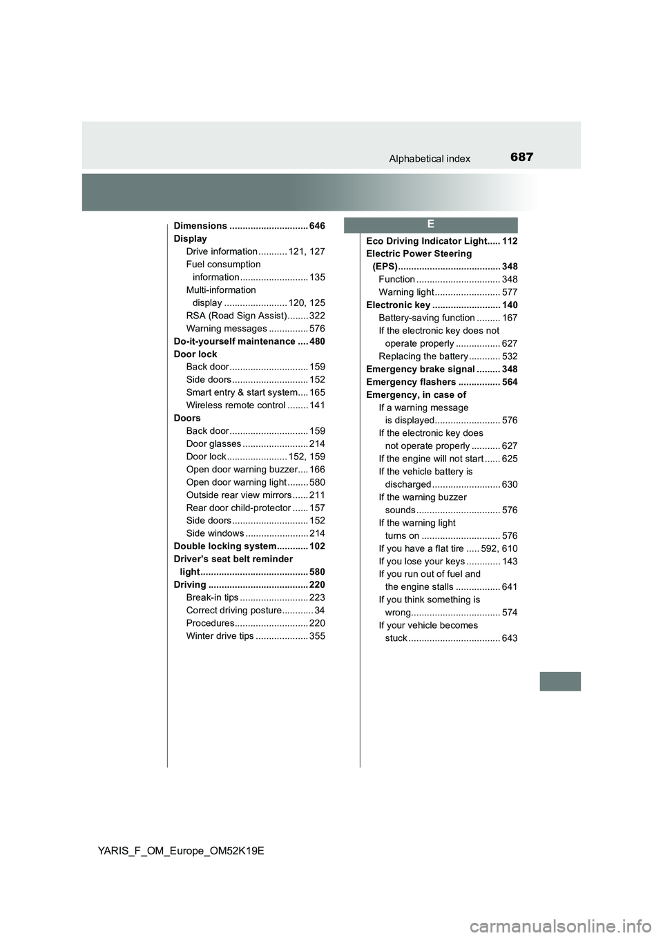 TOYOTA YARIS 2019  Owners Manual 687Alphabetical index
YARIS_F_OM_Europe_OM52K19E
Dimensions .............................. 646 
Display
Drive information ........... 121, 127
Fuel consumption  
information ..........................