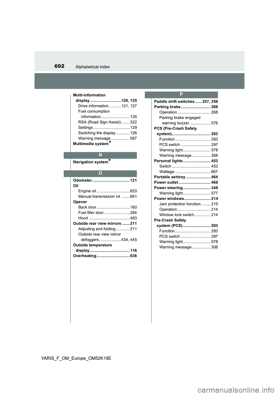 TOYOTA YARIS 2019  Owners Manual 692Alphabetical index
YARIS_F_OM_Europe_OM52K19E
Multi-information  
display ............................ 120, 125
Drive information ........... 121, 127
Fuel consumption  
information ...............