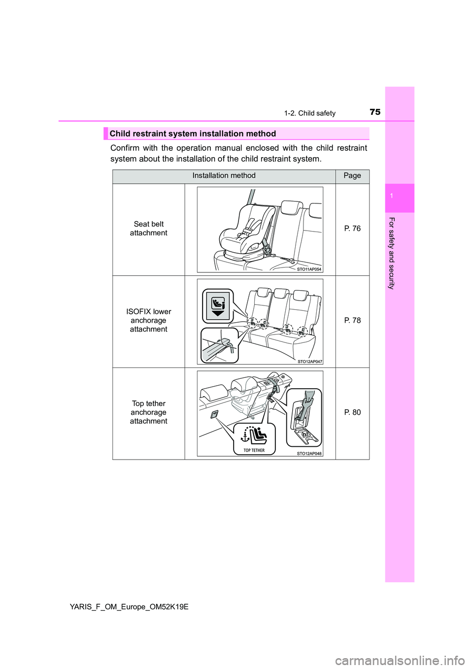 TOYOTA YARIS 2019 Manual PDF 751-2. Child safety
1
For safety and security
YARIS_F_OM_Europe_OM52K19E
Confirm with the operation manual enclosed with the child restraint
system about the installation of the child restraint syste TOYOTA YARIS 2019 Manual PDF 751-2. Child safety
1
For safety and security
YARIS_F_OM_Europe_OM52K19E
Confirm with the operation manual enclosed with the child restraint
system about the installation of the child restraint syste