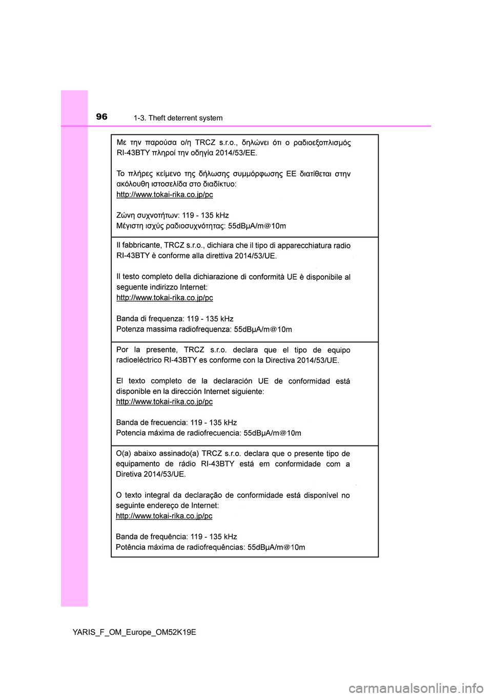 TOYOTA YARIS 2019 Owners Manual 961-3. Theft deterrent system
YARIS_F_OM_Europe_OM52K19E TOYOTA YARIS 2019 Owners Manual 961-3. Theft deterrent system
YARIS_F_OM_Europe_OM52K19E