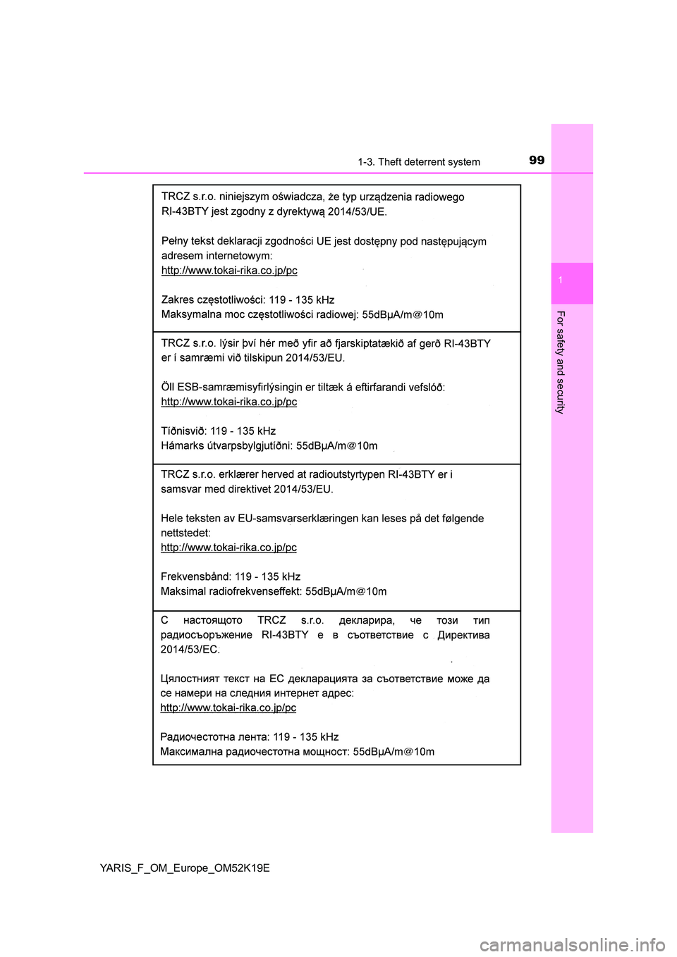 TOYOTA YARIS 2019 Owners Manual 991-3. Theft deterrent system
1
For safety and security
YARIS_F_OM_Europe_OM52K19E TOYOTA YARIS 2019 Owners Manual 991-3. Theft deterrent system
1
For safety and security
YARIS_F_OM_Europe_OM52K19E