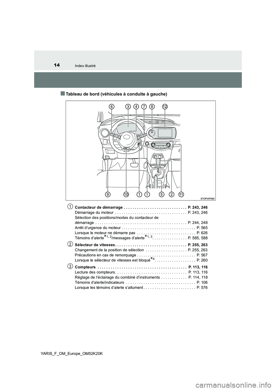 TOYOTA YARIS 2019  Notices Demploi (in French) 14Index illustré
YARIS_F_OM_Europe_OM52K20K
■Tableau de bord (véhicules à conduite à gauche)
Contacteur de démarrage  . . . . . . . . . . . . . . . . . . . . . . . . . . . . .  P. 243, 246 
Dé