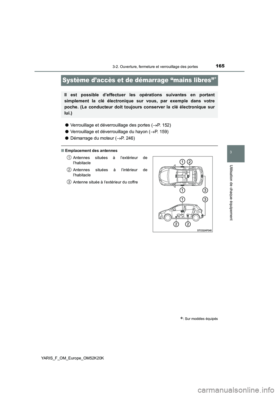 TOYOTA YARIS 2019  Notices Demploi (in French) 165
3
3-2. Ouverture, fermeture et verrouillage des portes
Utilisation de chaque équipement
YARIS_F_OM_Europe_OM52K20K
Système d’accès et de démarrage “mains libres”
●Verrouillage et d