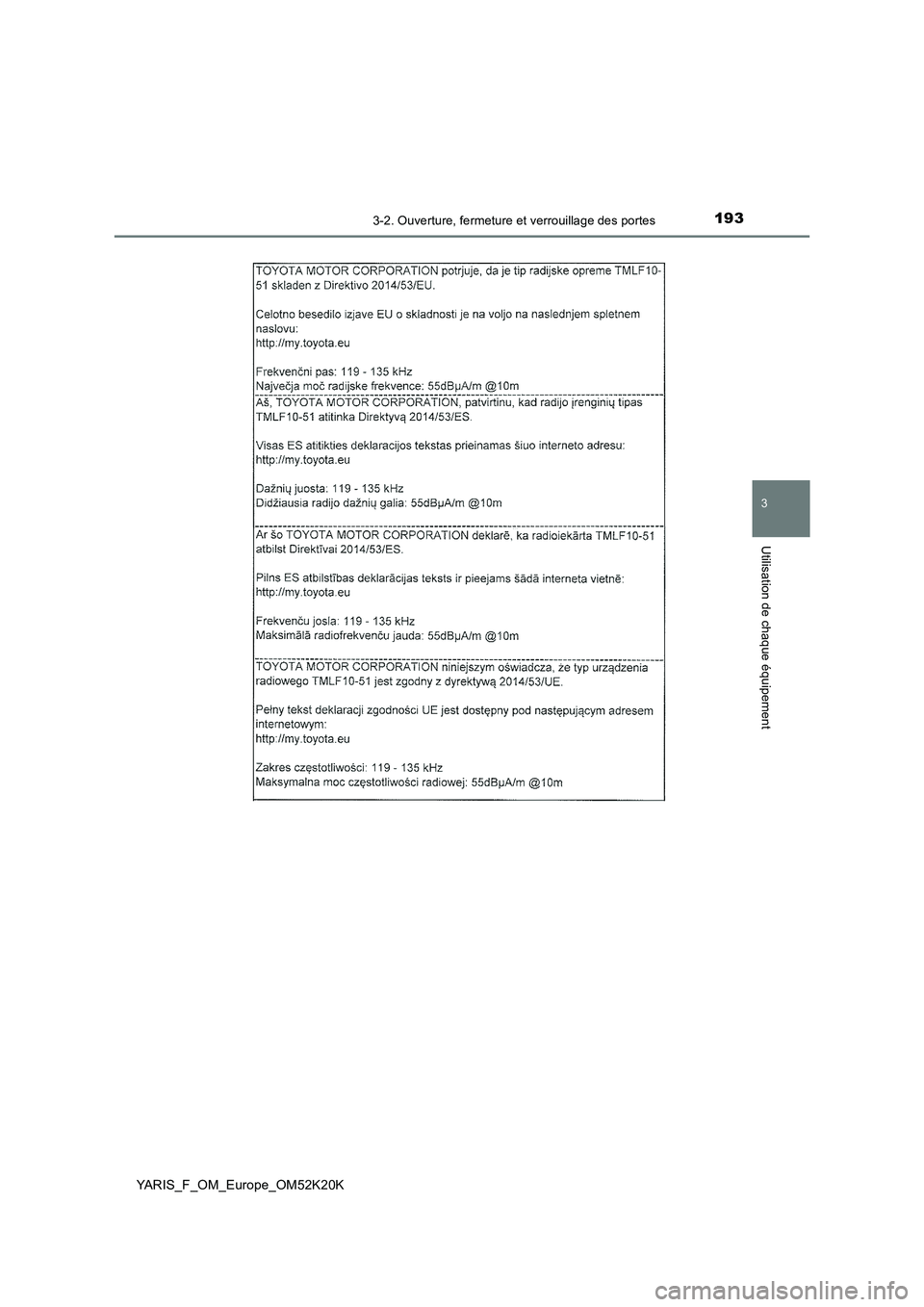 TOYOTA YARIS 2019  Notices Demploi (in French) 1933-2. Ouverture, fermeture et verrouillage des portes
3
Utilisation de chaque équipement
YARIS_F_OM_Europe_OM52K20K 