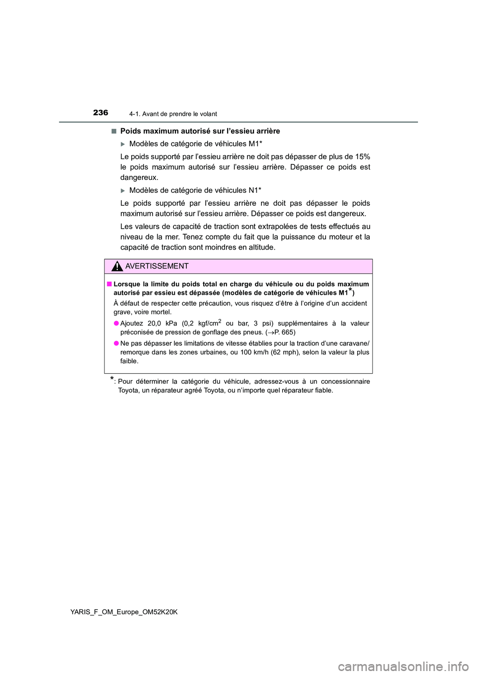 TOYOTA YARIS 2019  Notices Demploi (in French) 2364-1. Avant de prendre le volant
YARIS_F_OM_Europe_OM52K20K 
■Poids maximum autorisé sur l’essieu arrière
Modèles de catégorie de véhicules M1* 
Le poids supporté par l’essieu arrièr