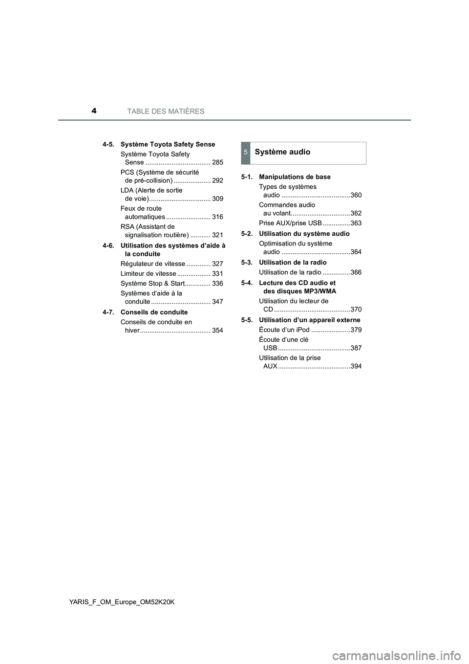 TOYOTA YARIS 2019  Notices Demploi (in French) TABLE DES MATIÈRES4
YARIS_F_OM_Europe_OM52K20K 
4-5. Système Toyota Safety Sense 
Système Toyota Safety  
Sense ................................... 285 
PCS (Système de sécurité  
de pré-collis