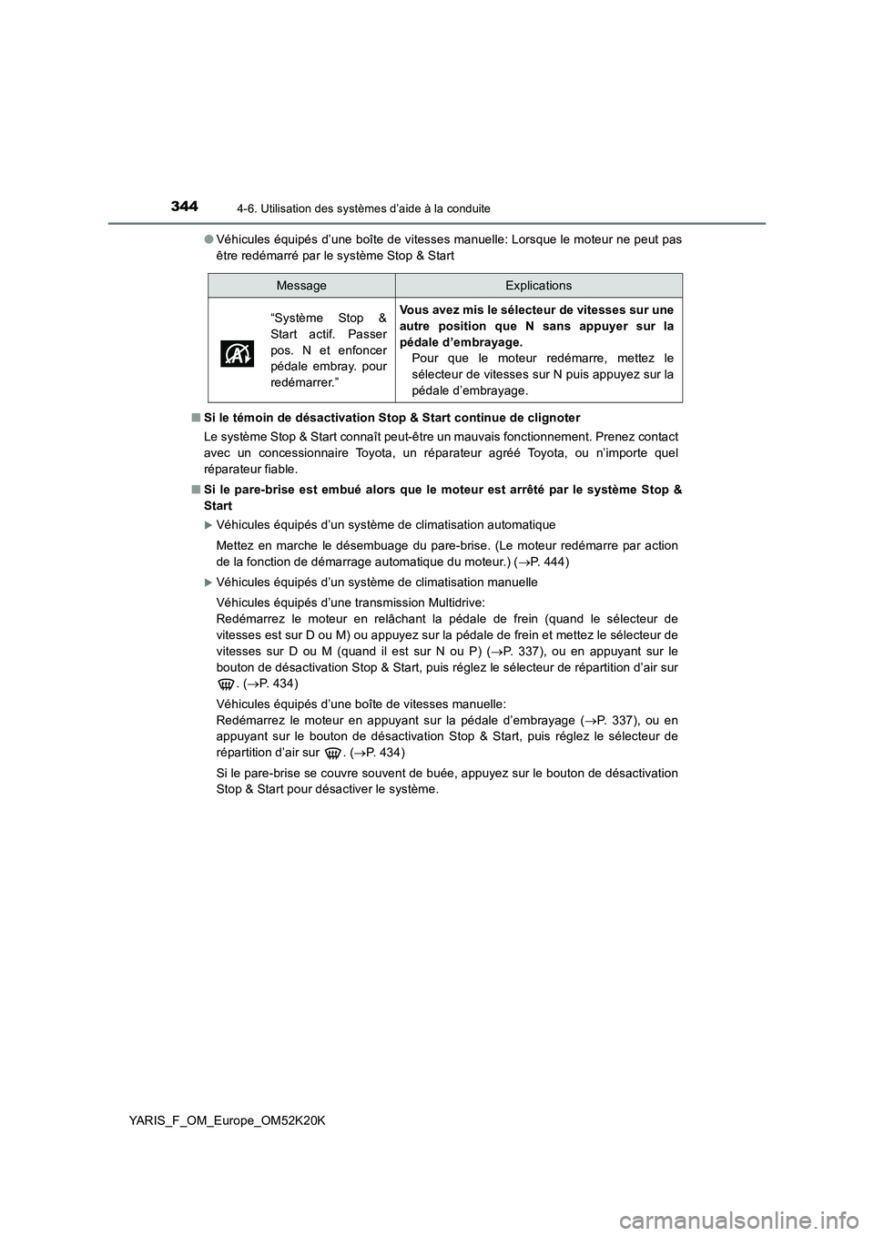 TOYOTA YARIS 2019  Notices Demploi (in French) 3444-6. Utilisation des systèmes d’aide à la conduite
YARIS_F_OM_Europe_OM52K20K 
● Véhicules équipés d’une boîte de vitesses manuelle: Lorsque le moteur ne peut pas 
être redémarré par