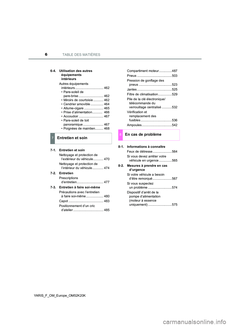 TOYOTA YARIS 2019  Notices Demploi (in French) TABLE DES MATIÈRES6
YARIS_F_OM_Europe_OM52K20K 
6-4. Utilisation des autres  
équipements  
intérieurs 
Autres équipements  
intérieurs ............................... 462 
• Pare-soleil de  
p