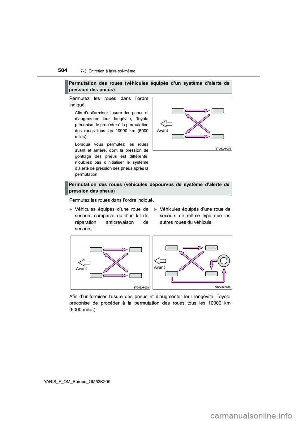 TOYOTA YARIS 2019  Notices Demploi (in French) 5047-3. Entretien à faire soi-même
YARIS_F_OM_Europe_OM52K20K
Permutez les roues dans l’ordre 
indiqué.
Afin d’uniformiser l’usure des pneus et 
d’augmenter leur longévité, Toyota
précon