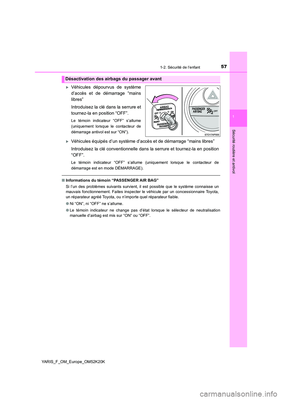 TOYOTA YARIS 2019 Notices Demploi (in French) 571-2. Sécurité de l’enfant
1
Sécurité routière et antivol
YARIS_F_OM_Europe_OM52K20K
Véhicules dépourvus de système
d’accès et de démarrage “mains
libres”
Introduisez la clé d TOYOTA YARIS 2019 Notices Demploi (in French) 571-2. Sécurité de l’enfant
1
Sécurité routière et antivol
YARIS_F_OM_Europe_OM52K20K
Véhicules dépourvus de système
d’accès et de démarrage “mains
libres”
Introduisez la clé d