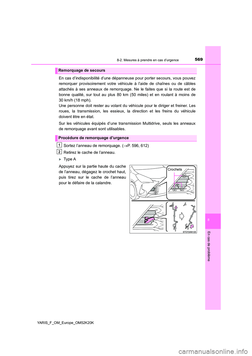 TOYOTA YARIS 2019 Notices Demploi (in French) 5698-2. Mesures à prendre en cas d’urgence
8
En cas de problème
YARIS_F_OM_Europe_OM52K20K
En cas d’indisponibilité d’une dépanneuse pour porter secours, vous pouvez
remorquer provisoiremen TOYOTA YARIS 2019 Notices Demploi (in French) 5698-2. Mesures à prendre en cas d’urgence
8
En cas de problème
YARIS_F_OM_Europe_OM52K20K
En cas d’indisponibilité d’une dépanneuse pour porter secours, vous pouvez
remorquer provisoiremen