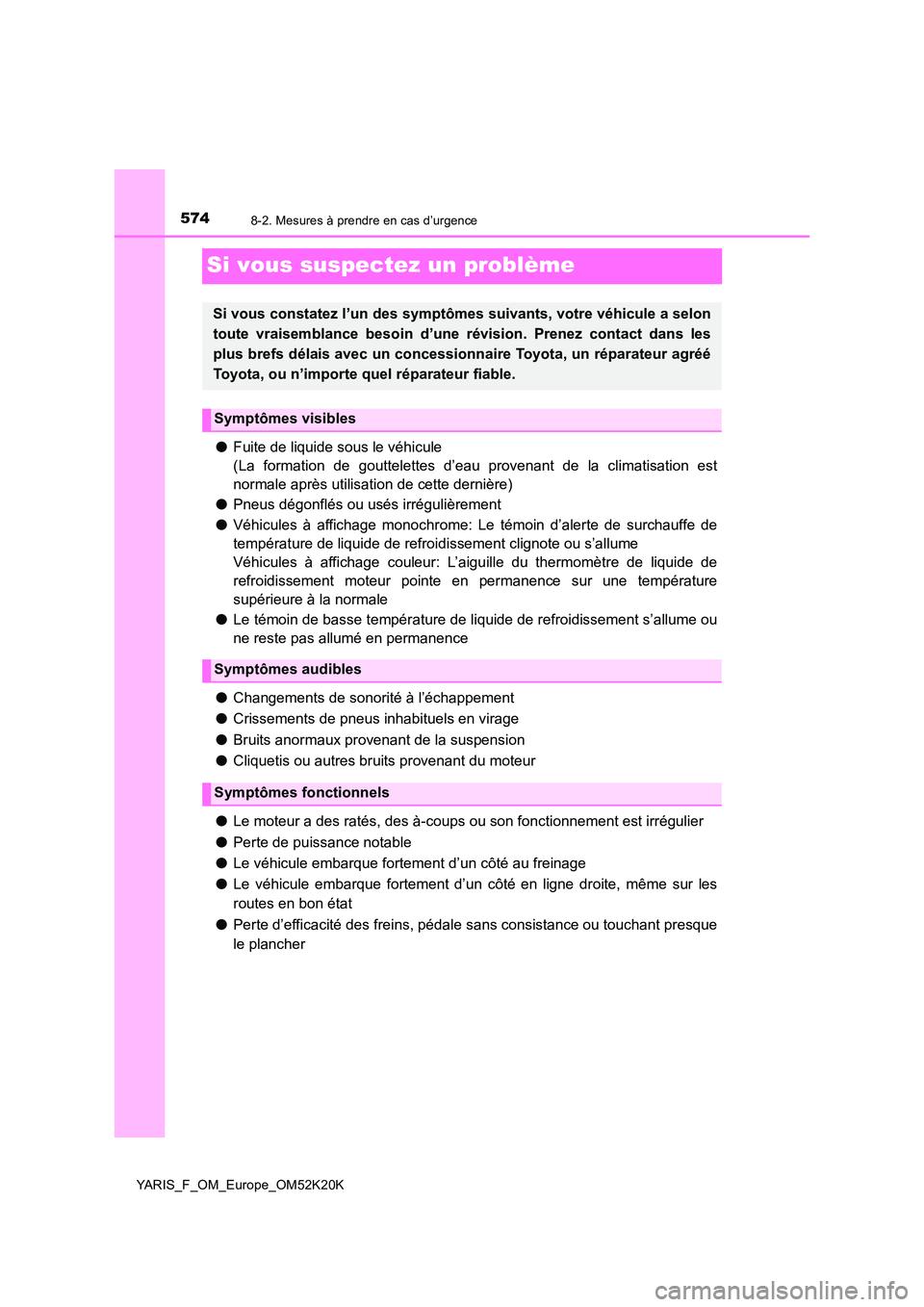 TOYOTA YARIS 2019 Notices Demploi (in French) 5748-2. Mesures à prendre en cas d’urgence
YARIS_F_OM_Europe_OM52K20K
Si vous suspectez un problème
●Fuite de liquide sous le véhicule
(La formation de gouttelettes d’eau provenant de la cli TOYOTA YARIS 2019 Notices Demploi (in French) 5748-2. Mesures à prendre en cas d’urgence
YARIS_F_OM_Europe_OM52K20K
Si vous suspectez un problème
●Fuite de liquide sous le véhicule
(La formation de gouttelettes d’eau provenant de la cli