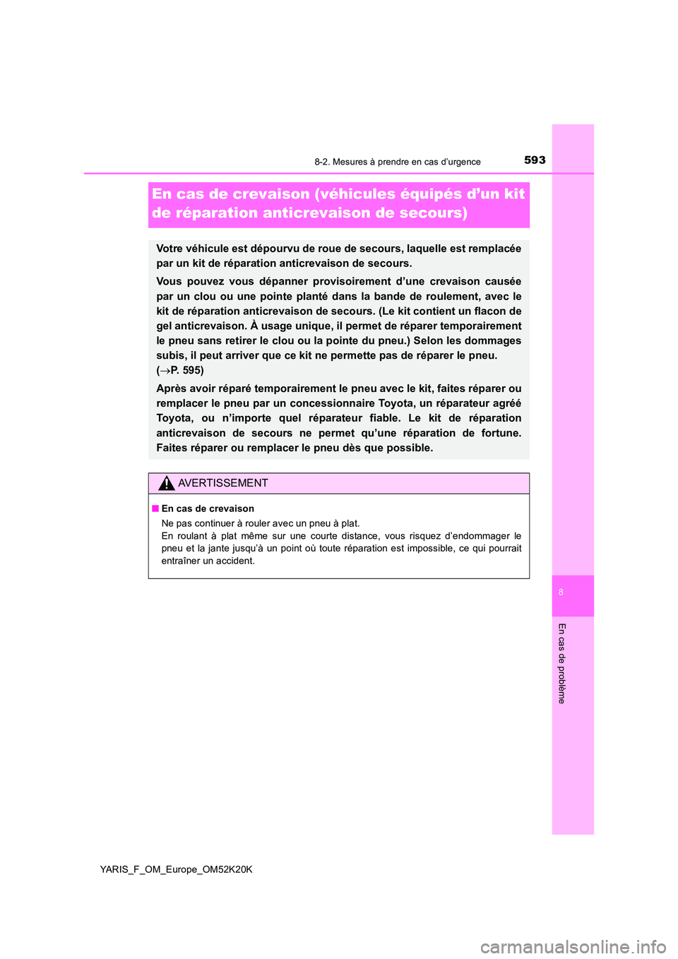 TOYOTA YARIS 2019  Notices Demploi (in French) 5938-2. Mesures à prendre en cas d’urgence
8
En cas de problème
YARIS_F_OM_Europe_OM52K20K
En cas de crevaison (véhicules équipés d’un kit  
de réparation anticrevaison de secours)
Votre vé