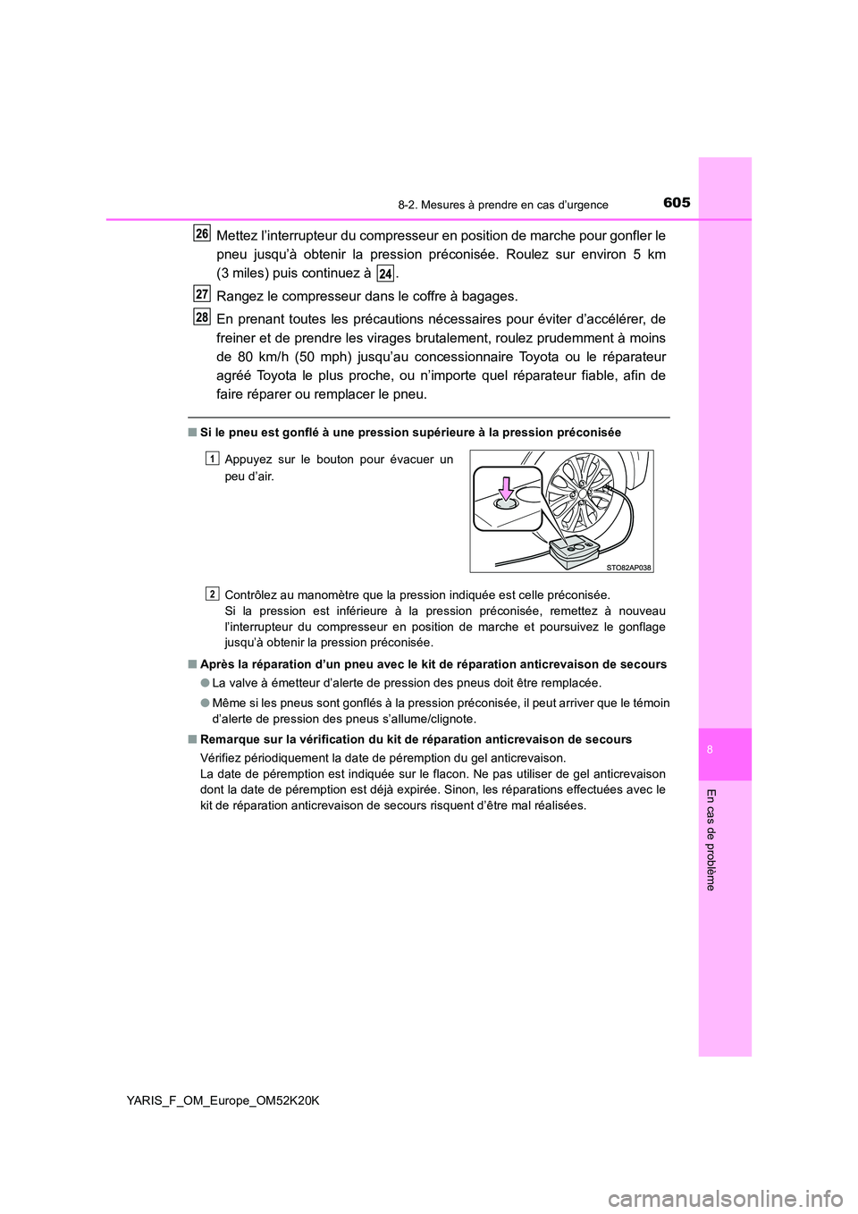 TOYOTA YARIS 2019  Notices Demploi (in French) 6058-2. Mesures à prendre en cas d’urgence
8
En cas de problème
YARIS_F_OM_Europe_OM52K20K
Mettez l’interrupteur du compresseur en position de marche pour gonfler le 
pneu jusqu’à obtenir la 