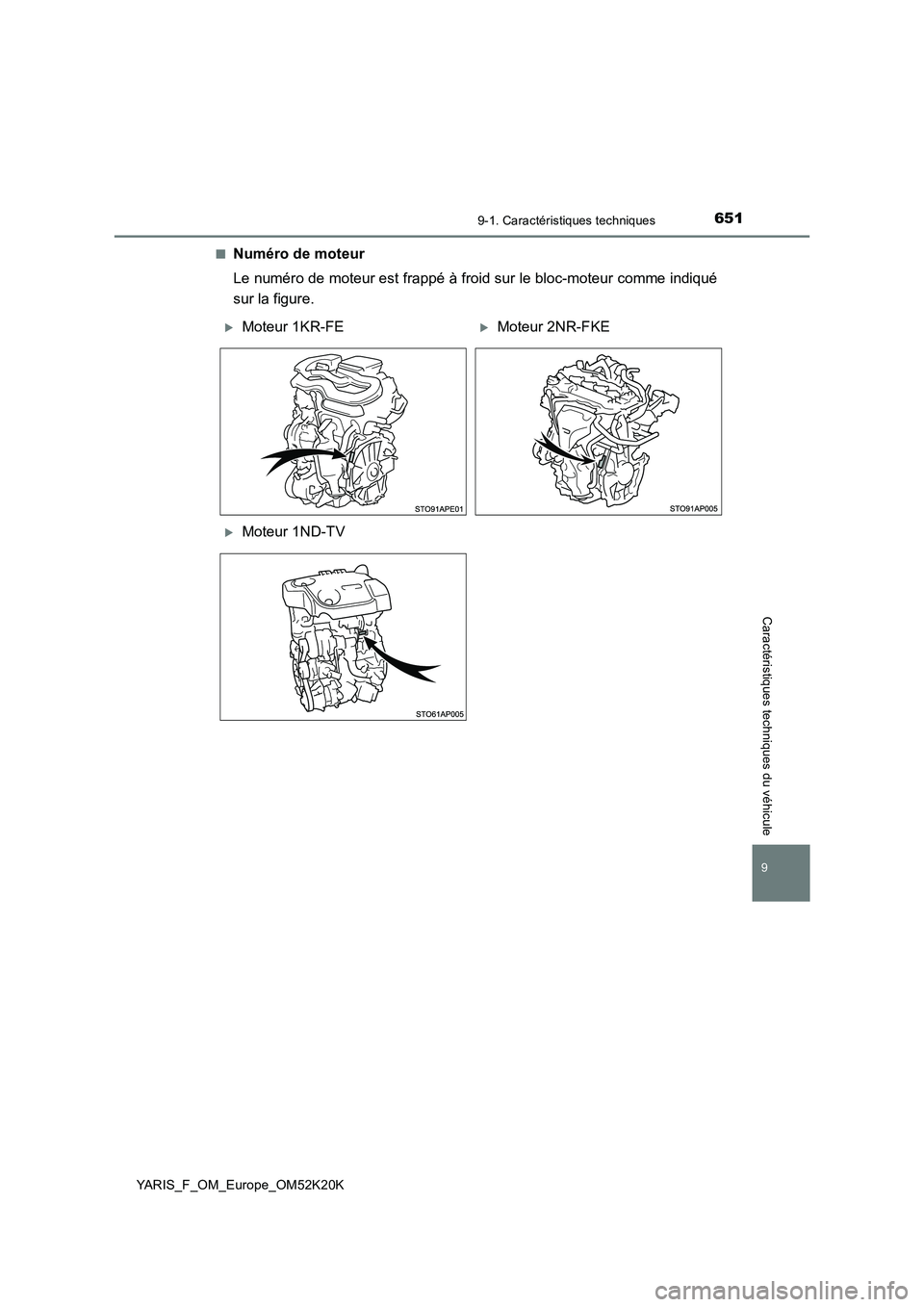 TOYOTA YARIS 2019 Notices Demploi (in French) 6519-1. Caractéristiques techniques
9
YARIS_F_OM_Europe_OM52K20K
Caractéristiques techniques du véhicule
■Numéro de moteur
Le numéro de moteur est frappé à froid sur le bloc-moteur comme ind TOYOTA YARIS 2019 Notices Demploi (in French) 6519-1. Caractéristiques techniques
9
YARIS_F_OM_Europe_OM52K20K
Caractéristiques techniques du véhicule
■Numéro de moteur
Le numéro de moteur est frappé à froid sur le bloc-moteur comme ind