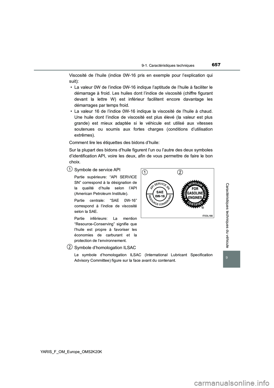 TOYOTA YARIS 2019 Notices Demploi (in French) 6579-1. Caractéristiques techniques
9
YARIS_F_OM_Europe_OM52K20K
Caractéristiques techniques du véhicule
Viscosité de l’huile (indice 0W-16 pris en exemple pour l’explication qui
suit):
• TOYOTA YARIS 2019 Notices Demploi (in French) 6579-1. Caractéristiques techniques
9
YARIS_F_OM_Europe_OM52K20K
Caractéristiques techniques du véhicule
Viscosité de l’huile (indice 0W-16 pris en exemple pour l’explication qui
suit):
•
